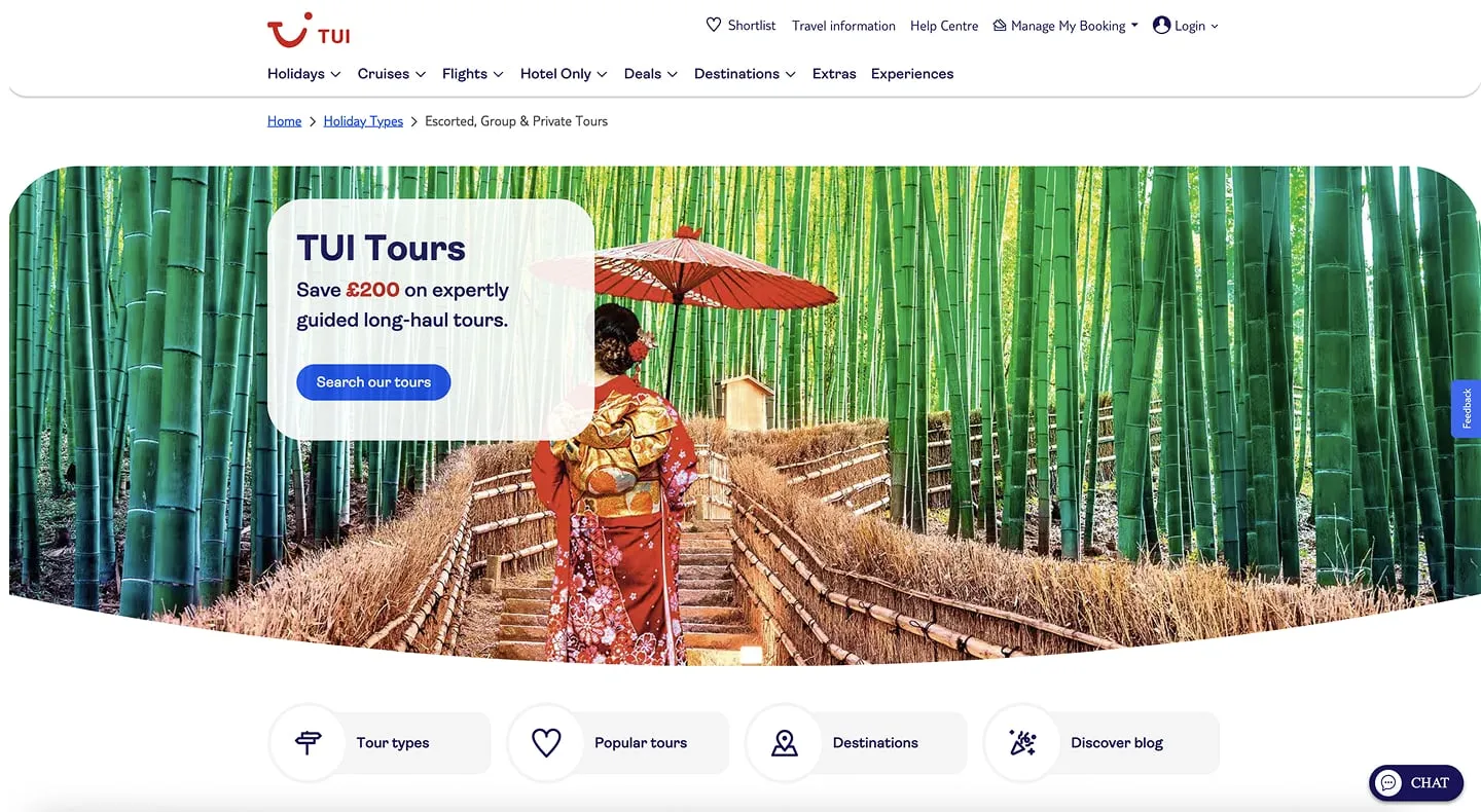 TUI Tours page with a woman in a kimono walking through a bamboo forest